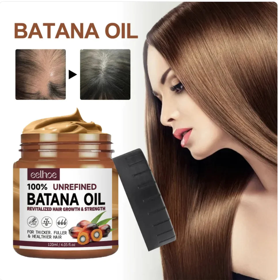 Healthy hair of a lady withBatana Oil Conditioner opened bottle with Before and After Results