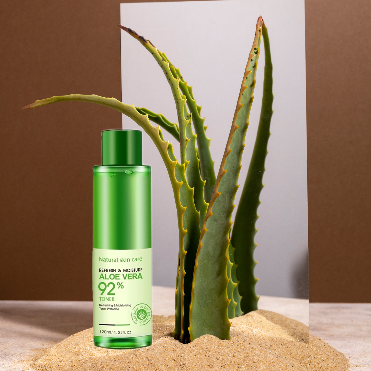 Natural Skin Care Aloe Vera 92% Toner with alovera plant, glass and Sand