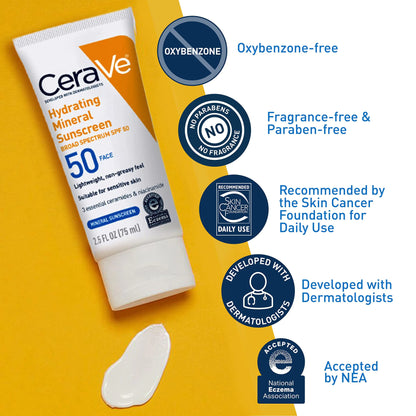 CeraVe 100% Mineral Sunscreen SPF 50 | Face sunscreen With Zinc Oxide & Titanium Dioxide | Hyaluronic Acid + Niacinamide + Ceramides | Oil Free Sunscreen For Face | Travel Size Sunscreen 2.5 oz - DivineLuxes