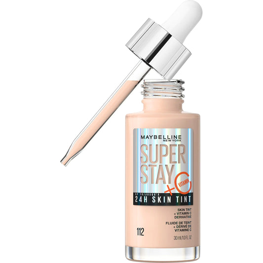 Maybelline Super Stay Up to 24HR Skin Tint, Radiant Light-to-Medium Coverage Foundation, Makeup Infused With Vitamin C, 112, 1 Count 1 Fl Oz (Pack of 1) - DivineLuxes