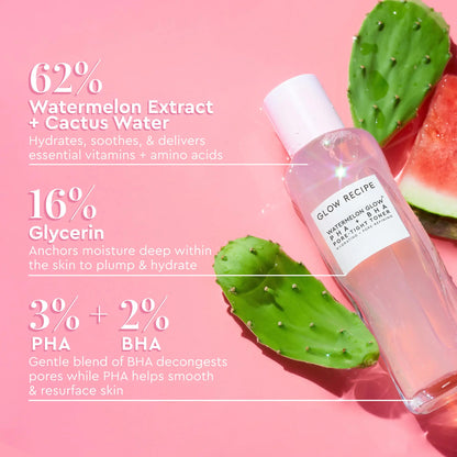 Glow Recipe Watermelon Glow PHA + BHA Pore-Tight Toner Contains 62% Watermelon Extract + Cactus Water, 16% Glycerin, 3% PHA, 2% BHA