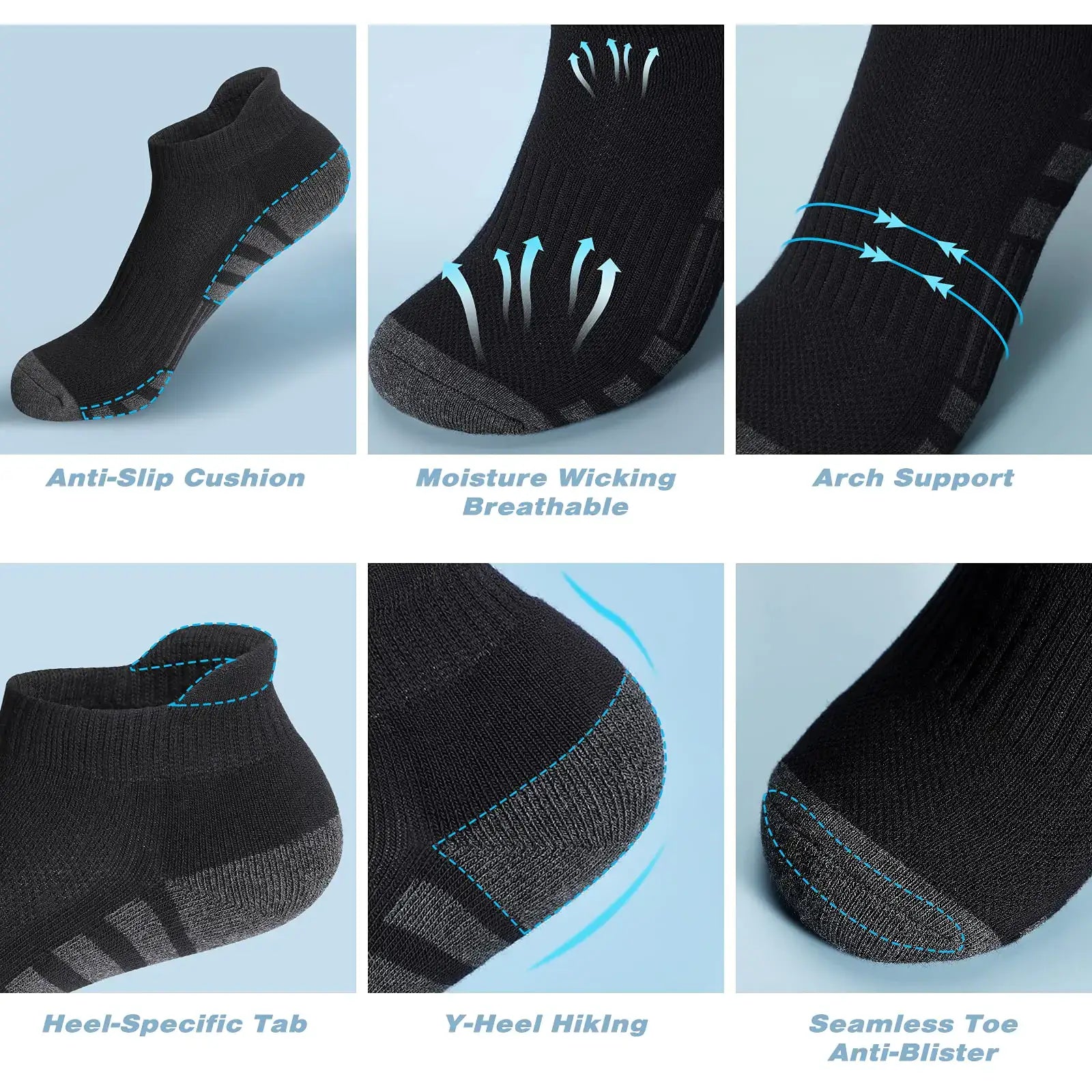 Airacker Ankle Athletic Running Socks Cushioned Breathable Low Cut Sports Tab Socks for Men and Women (6 Pairs) 9-12 Cotton Black - DivineLuxes