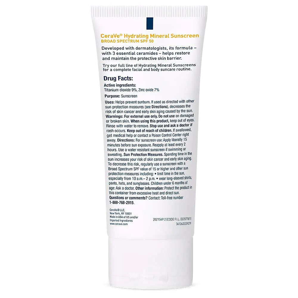 Back Details of the Packaging bottle of CeraVe 100% Mineral Sunscreen SPF 50 | Face sunscreen With Zinc Oxide & Titanium Dioxide | Hyaluronic Acid + Niacinamide + Ceramides | Oil Free Sunscreen For Face | Travel Size Sunscreen 2.5 oz - DivineLuxes