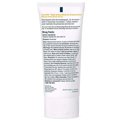 Back Details of the Packaging bottle of CeraVe 100% Mineral Sunscreen SPF 50 | Face sunscreen With Zinc Oxide & Titanium Dioxide | Hyaluronic Acid + Niacinamide + Ceramides | Oil Free Sunscreen For Face | Travel Size Sunscreen 2.5 oz - DivineLuxes