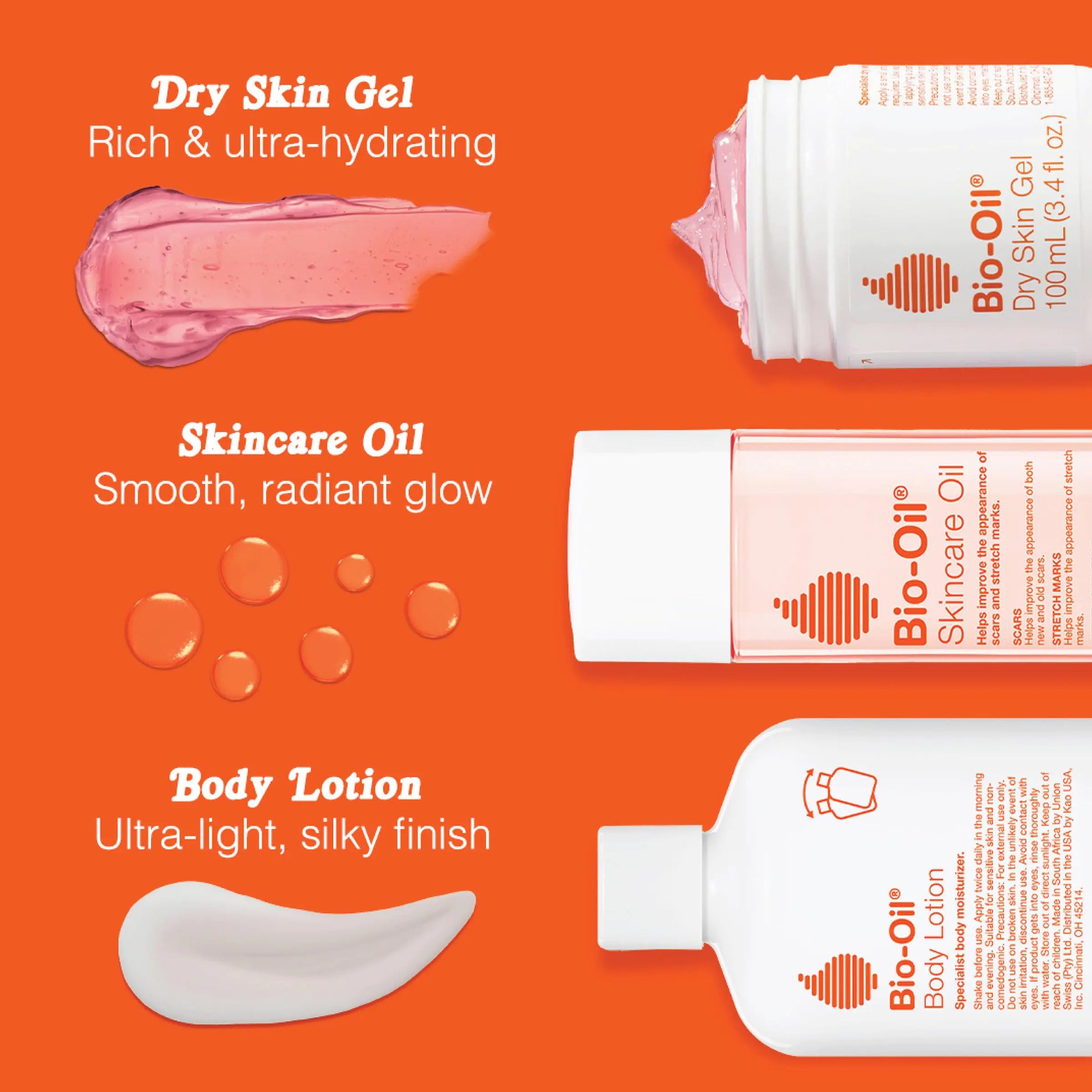 Dry Skin Gel, Skincare Oil, Body Lotion with product bottle