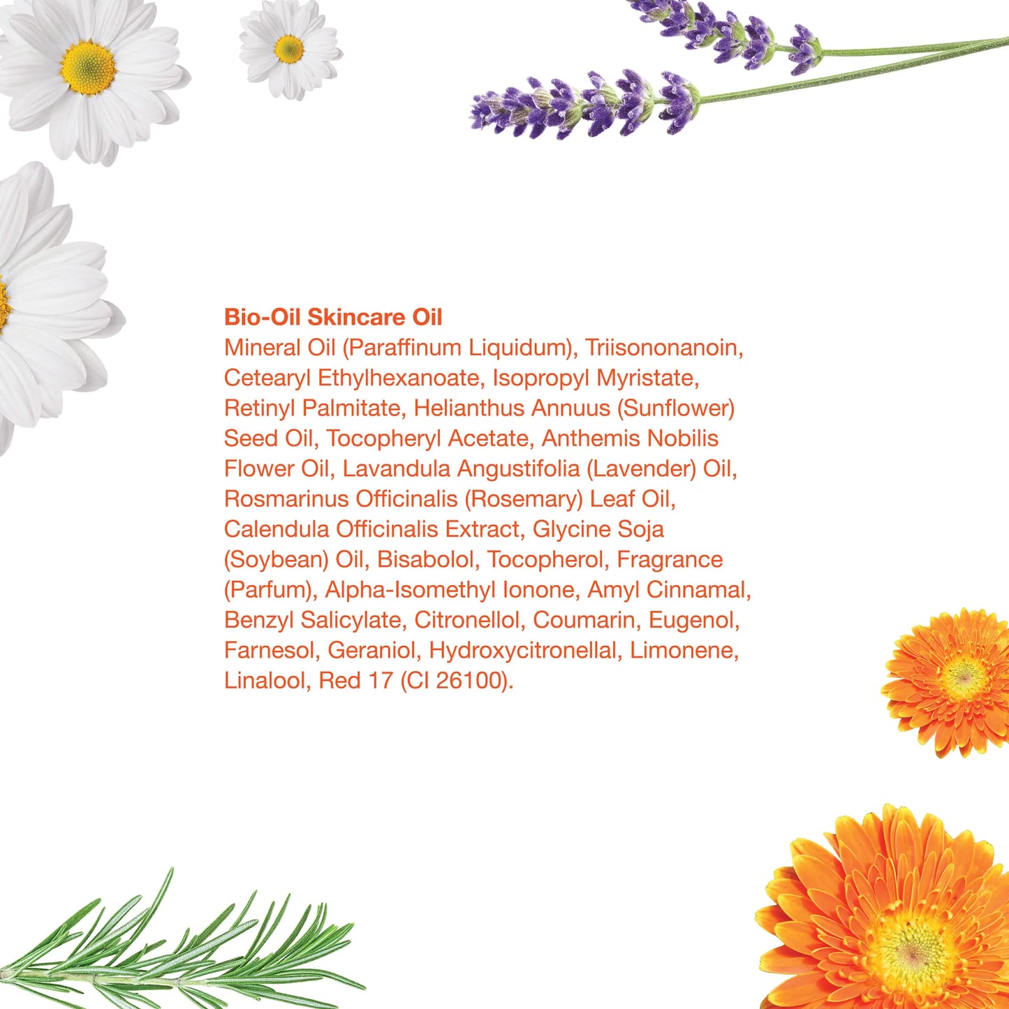 Bio-OIl Skincare Oil Ingredients with flowers as designs