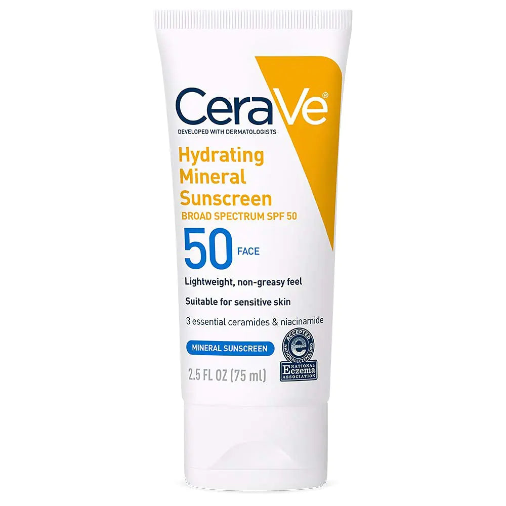 CeraVe 100% Mineral Sunscreen SPF 50 | Face sunscreen With Zinc Oxide & Titanium Dioxide | Hyaluronic Acid + Niacinamide + Ceramides | Oil Free Sunscreen For Face | Travel Size Sunscreen 2.5 oz - DivineLuxes