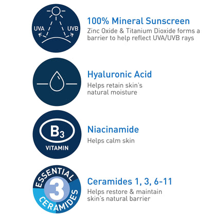 Highligted Ingredients of CeraVe 100% Mineral Sunscreen SPF 50 | Face sunscreen With Zinc Oxide & Titanium Dioxide | Hyaluronic Acid + Niacinamide + Ceramides | Oil Free Sunscreen For Face | Travel Size Sunscreen 2.5 oz - DivineLuxes