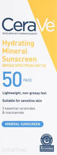 CeraVe 100% Mineral Sunscreen SPF 50 | Face sunscreen With Zinc Oxide & Titanium Dioxide | Hyaluronic Acid + Niacinamide + Ceramides | Oil Free Sunscreen For Face | Travel Size Sunscreen 2.5 oz - DivineLuxes