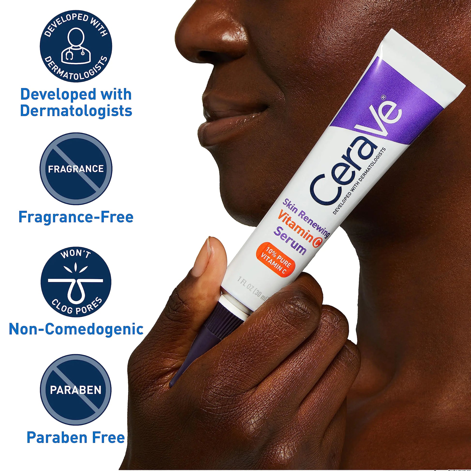 Lady Holding CereVe Vitamin C Serum 10% Pure Vitamin C with Important features of the Product