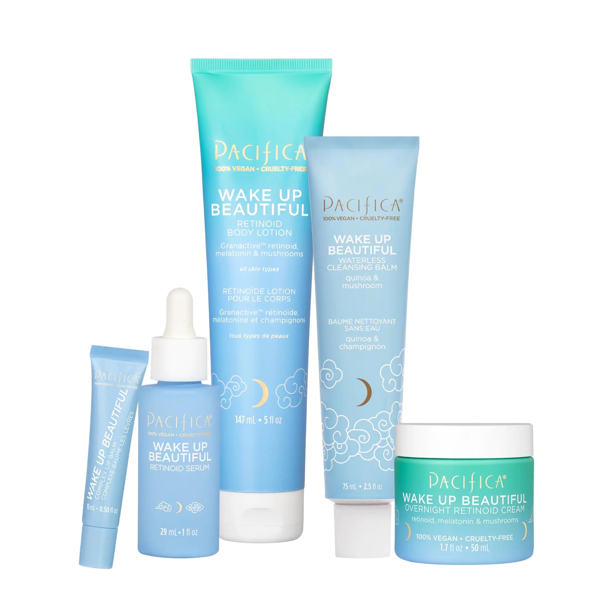 Different Products of Pacifica Wake Up Beautiful Retinoid Products -lip Balm, Serum, Body lotion, Cleansing Balm, Overnight Retinoid Cream