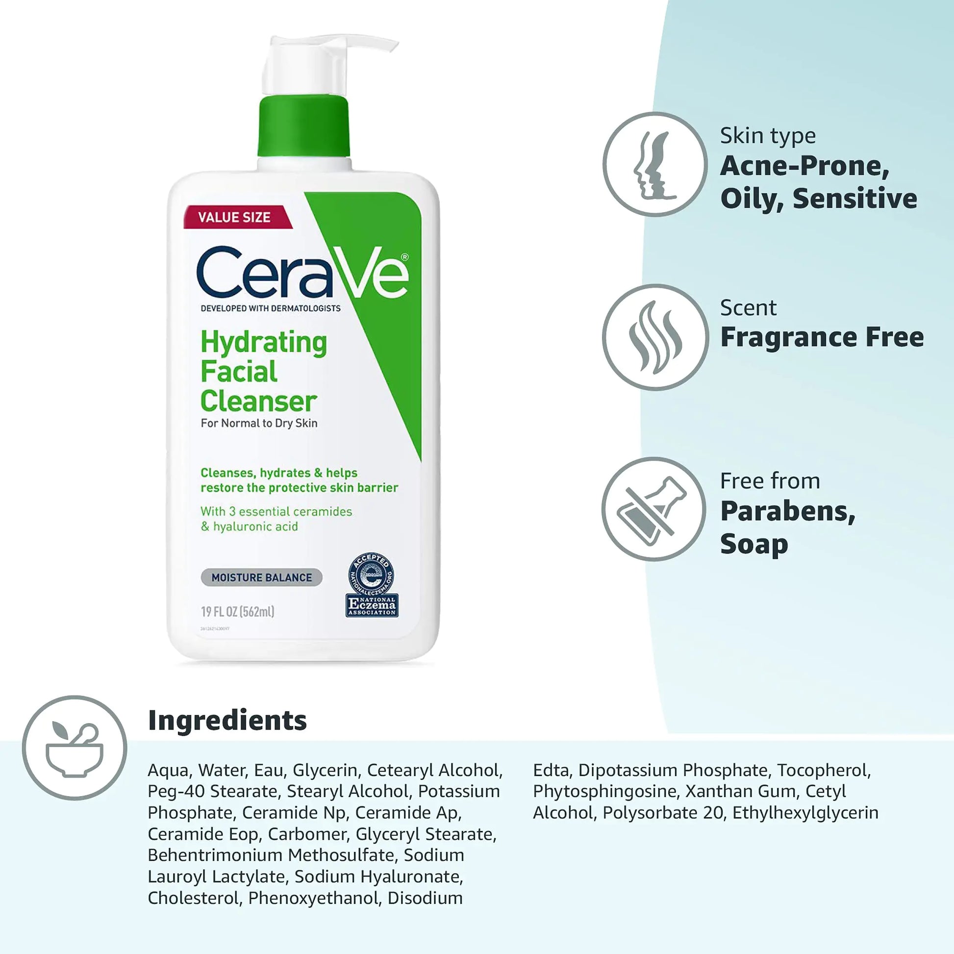 CeraVe Hydrating Facial Cleanser | Moisturizing Face Wash For Dry Skin | Hyaluronic Acid + Ceramides + Glycerin | Hydrating Cleanser For Normal To Dry Skin | National Eczema Assosiation Certified - DivineLuxes