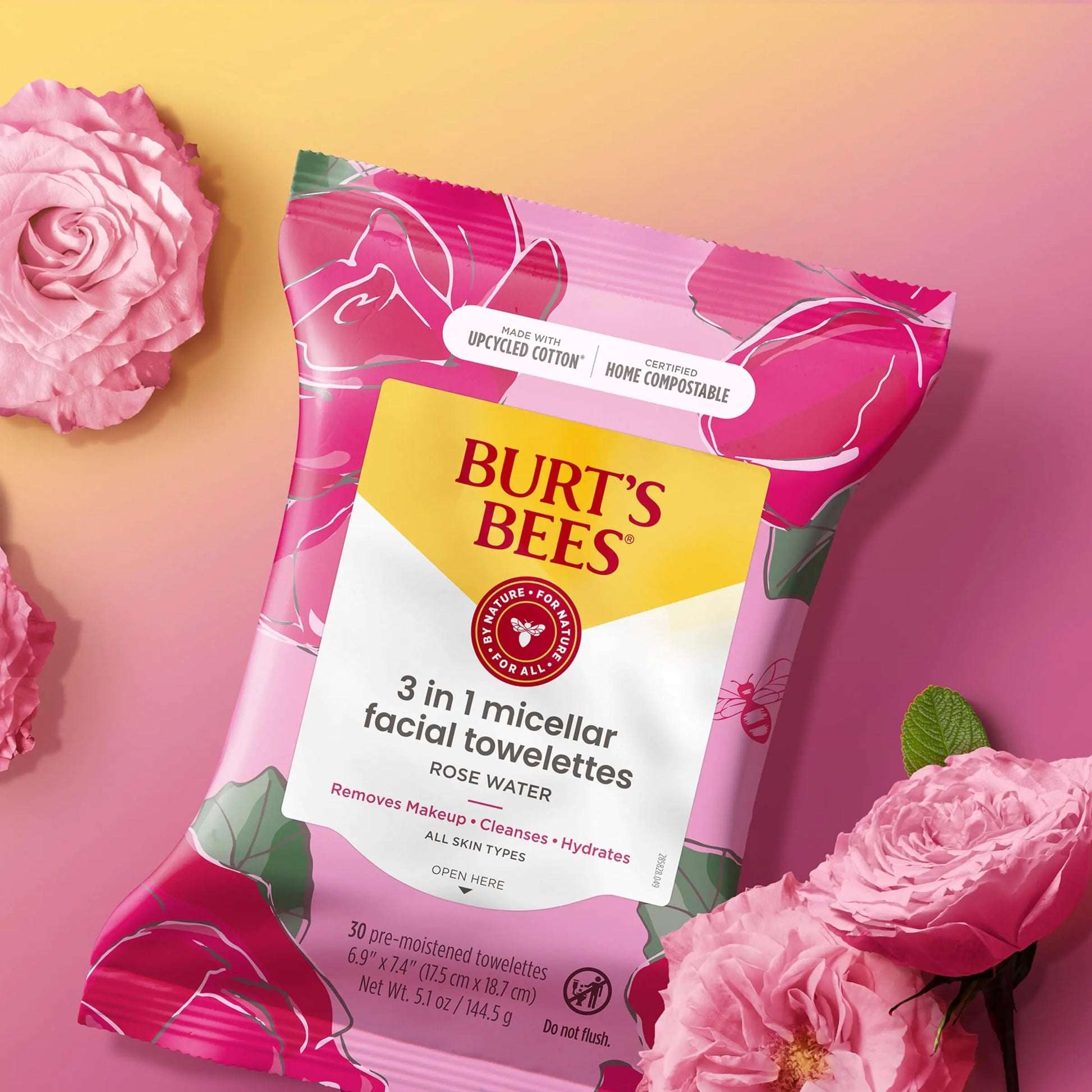 Burt's Bees Rose Water Face Wipes, for All Skin Types, Hydrating Micellar Makeup Remover & Facial Cleansing Towelettes, 30 Ct (3-Pack) 30 Count (Pack of 3) - DivineLuxes