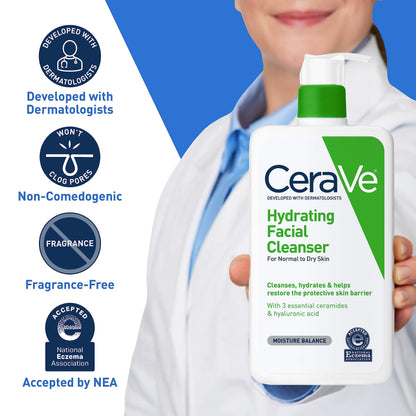CeraVe Hydrating Facial Cleanser | Moisturizing Face Wash For Dry Skin | Hyaluronic Acid + Ceramides + Glycerin | Hydrating Cleanser For Normal To Dry Skin | National Eczema Assosiation Certified - DivineLuxes