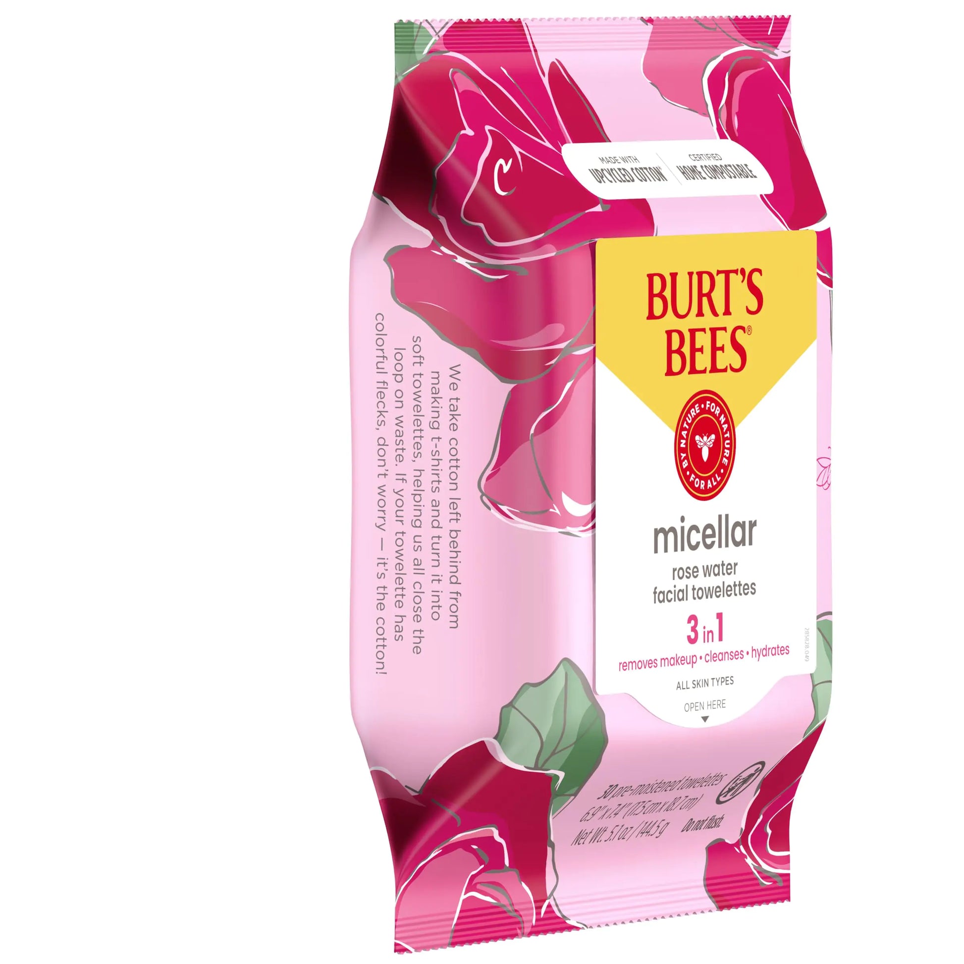 Burt's Bees Rose Water Face Wipes, for All Skin Types, Hydrating Micellar Makeup Remover & Facial Cleansing Towelettes, 30 Ct (3-Pack) 30 Count (Pack of 3) - DivineLuxes