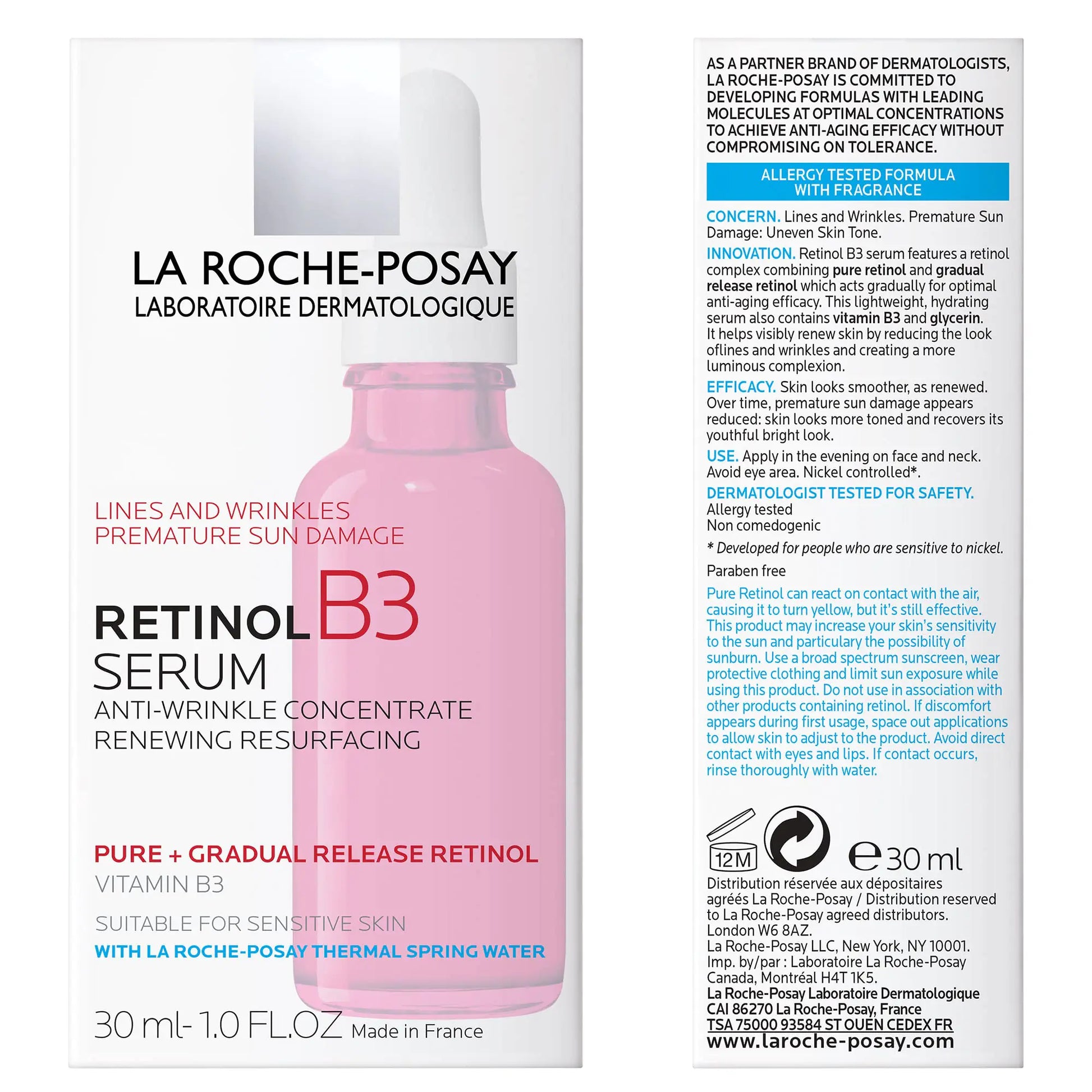 La Roche-Posay Pure Retinol Face Serum packaging with Vitamin B3, 1.0 Fl. Oz – Anti-aging serum for wrinkles, fine lines, and sensitive skin. Includes detailed product information and ingredients