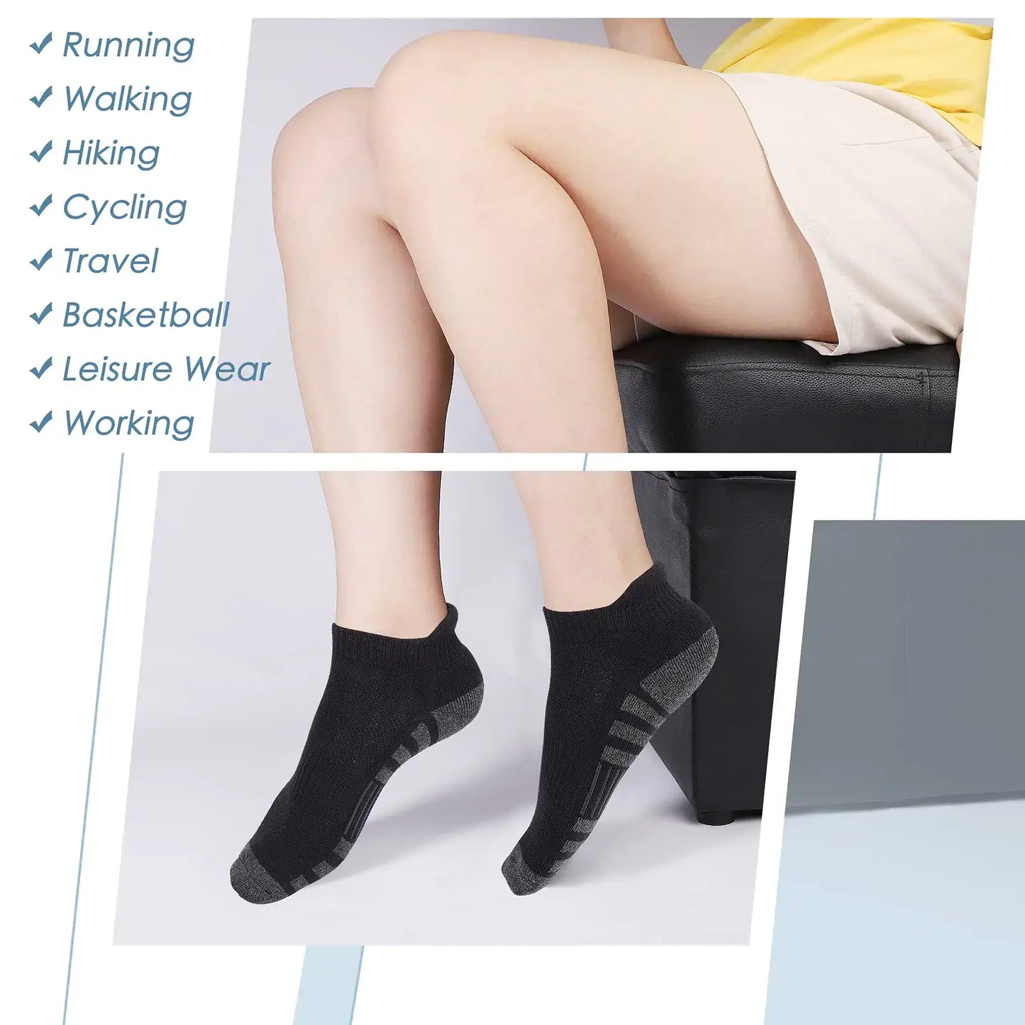 Airacker Ankle Athletic Running Socks Cushioned Breathable Low Cut Sports Tab Socks for Men and Women (6 Pairs) 9-12 Cotton Black - DivineLuxes