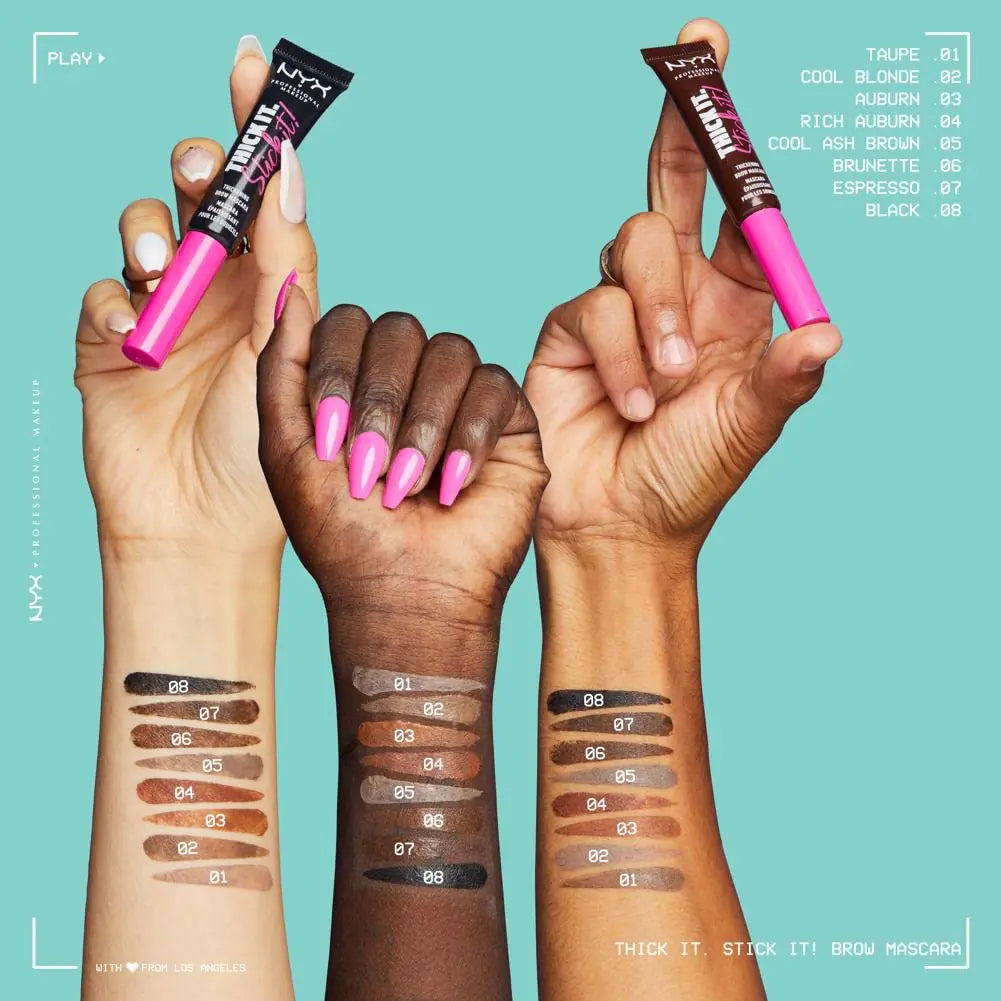 NYX PROFESSIONAL MAKEUP Thick It Stick It Thickening Brow Mascara, Eyebrow Gel - with different color shades on the 3 hand-wrists