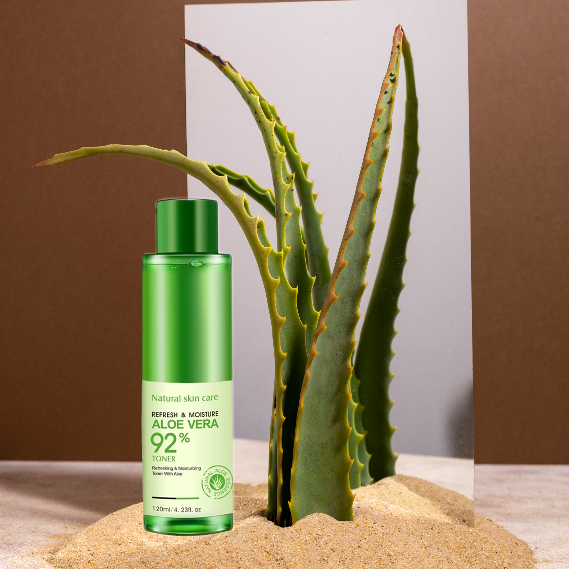 Natural Skin Care Aloe Vera 92% Toner with alovera plant, glass and Sand
