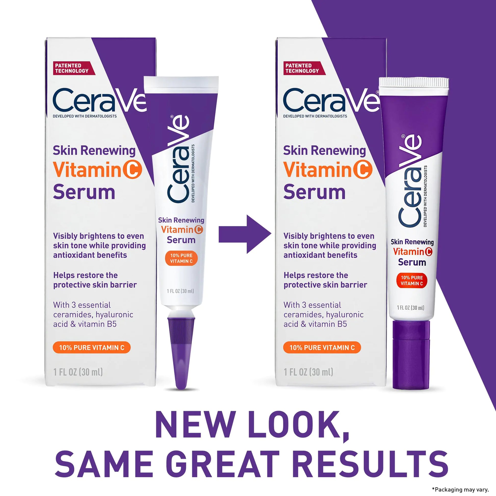 New Look, same Great Results packaging of CereVe Skin Renewing Vitamin C Serum 