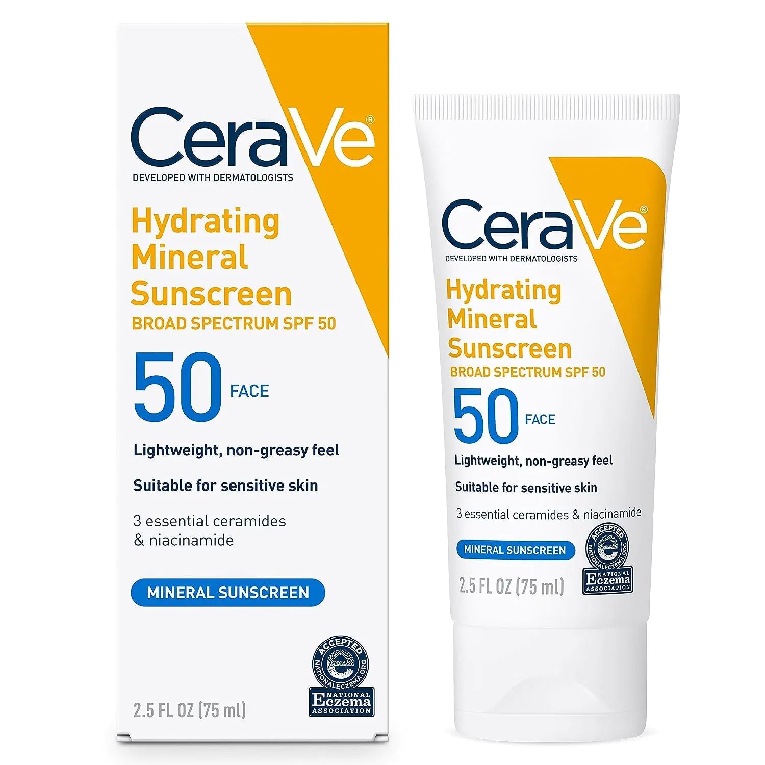 Packaging of CeraVe 100% Mineral Sunscreen SPF 50 | Face sunscreen With Zinc Oxide & Titanium Dioxide | Hyaluronic Acid + Niacinamide + Ceramides | Oil Free Sunscreen For Face | Travel Size Sunscreen 2.5 oz - DivineLuxes