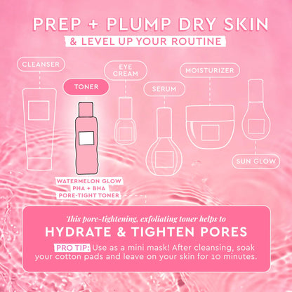 Prep + Plum Dry Skin & Level Up Your Routine Using Glow Recipe Watermelon Glow PHA + BHA Pore-Tight Toner Also Exfoliating Toner helps Hydrate & Tighten Pores - PRO TIP: Use as Mini mask! After cleansing, soak your cotton pads and leave on your skin fir 10 minutes
