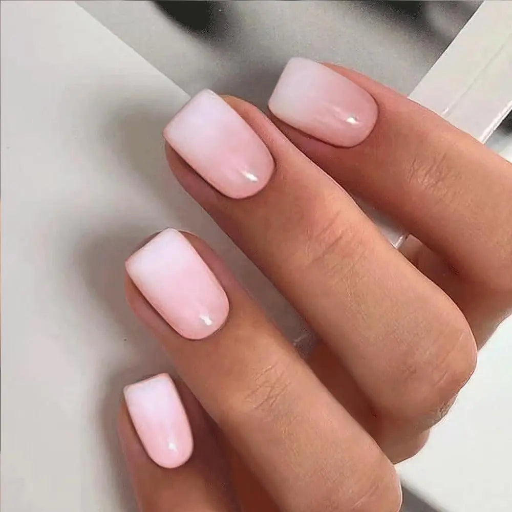 Press on Nails Short Square Acrylic Fake Nails with Apricot Design Full Cover False Nails Glossy Nude Glue on Nails Artificial Stick on Nails for Women 24Pcs (Beige White Pink) Beige White Pink - DivineLuxes