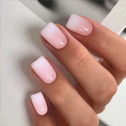 Press on Nails Short Square Acrylic Fake Nails with Apricot Design Full Cover False Nails Glossy Nude Glue on Nails Artificial Stick on Nails for Women 24Pcs (Beige White Pink) Beige White Pink - DivineLuxes