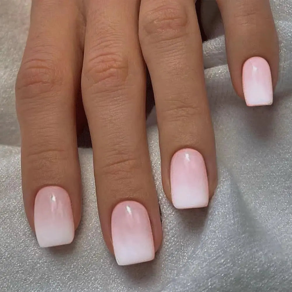 Press on Nails Short Square Acrylic Fake Nails with Apricot Design Full Cover False Nails Glossy Nude Glue on Nails Artificial Stick on Nails for Women 24Pcs (Beige White Pink) Beige White Pink - DivineLuxes