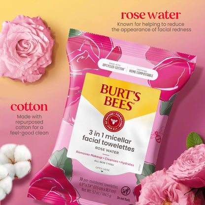 Burt's Bees Rose Water Face Wipes, for All Skin Types, Hydrating Micellar Makeup Remover & Facial Cleansing Towelettes, 30 Ct (3-Pack) 30 Count (Pack of 3) - DivineLuxes