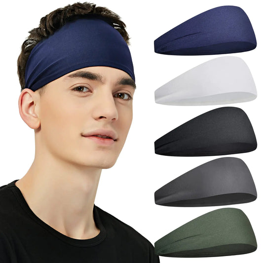 man wearing one of the sambles of Sports Headbands for Men (5 Pack),Moisture Wicking Workout Headband, Sweatband Headbands for Running,Cycling,Football,Yoga,Hairband for Women and Men Dark Gray, Green, White, Blue, Black