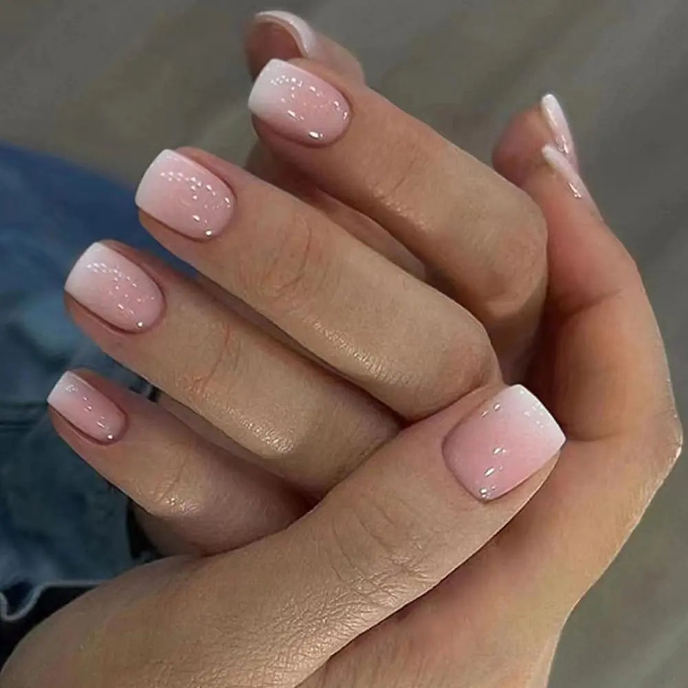 Two hands holding close up nails picture Press on Nails Short Square Acrylic Fake Nails with Apricot Design Full Cover False Nails Glossy Nude Glue on Nails Artificial Stick on Nails for Women 24Pcs (Beige White Pink) Beige White Pink