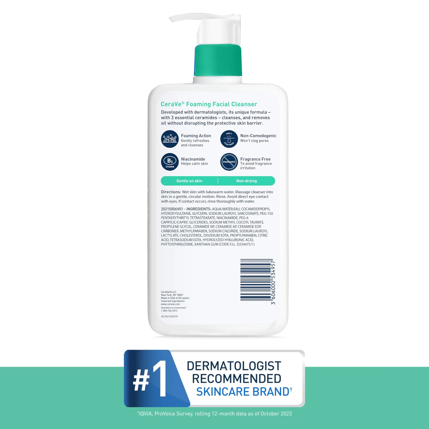 CeraVe Foaming Facial Cleanser | Daily Face Wash for Oily Skin | Hyaluronic Acid + Ceramides + Niacinamide| Fragrance Free & Paraben Free | Non Drying Oil Control Face Wash | 19 Fluid Ounce 19 Fl Oz (Pack of 1) - DivineLuxes