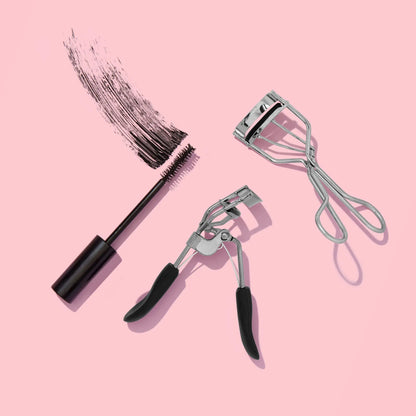 Black and stainless e.l.f. Pro Eyelash Curler, a Vegan Makeup Tool, Creates Eye-Opening & Lifted Lashes, Lash Curler Includes an Additional Rubber Replacement Pad with mascara curler, 