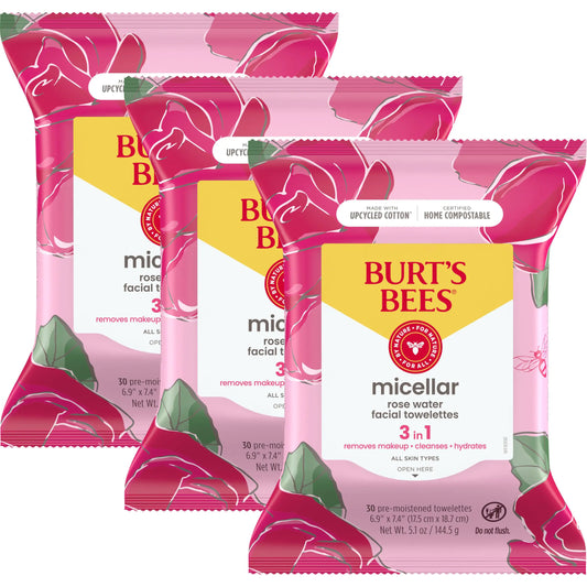 Burt's Bees Rose Water Face Wipes, for All Skin Types, Hydrating Micellar Makeup Remover & Facial Cleansing Towelettes, 30 Ct (3-Pack) 30 Count (Pack of 3) - DivineLuxes